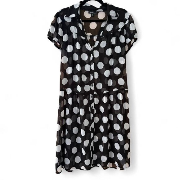AGB Sheer Black & White Polka Dot Button-Up Shift Dress, Retro Cap Sleeve sz 16 - Picture 1 of 8